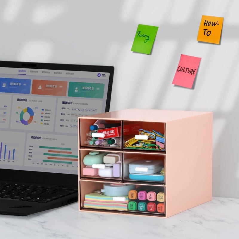 LETURE Desk Organizer with 5 Drawers, Rectangular Office Stationery Supplies Desktop Drawers, Plastic Makeup Storage, Suitable for Office, School, Home (Pink & 5 Drawers) - Image 4